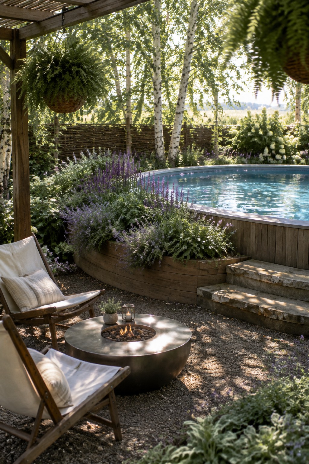Lush patio with lounge chairs, fire pit, pool, and blooming lavender plants