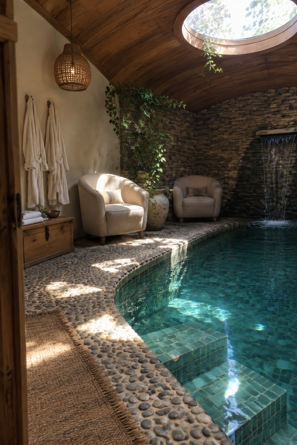 An indoor pool room with a large circular skylight in a wooden ceiling, stone walls, two armchairs, and a small waterfall at one end.