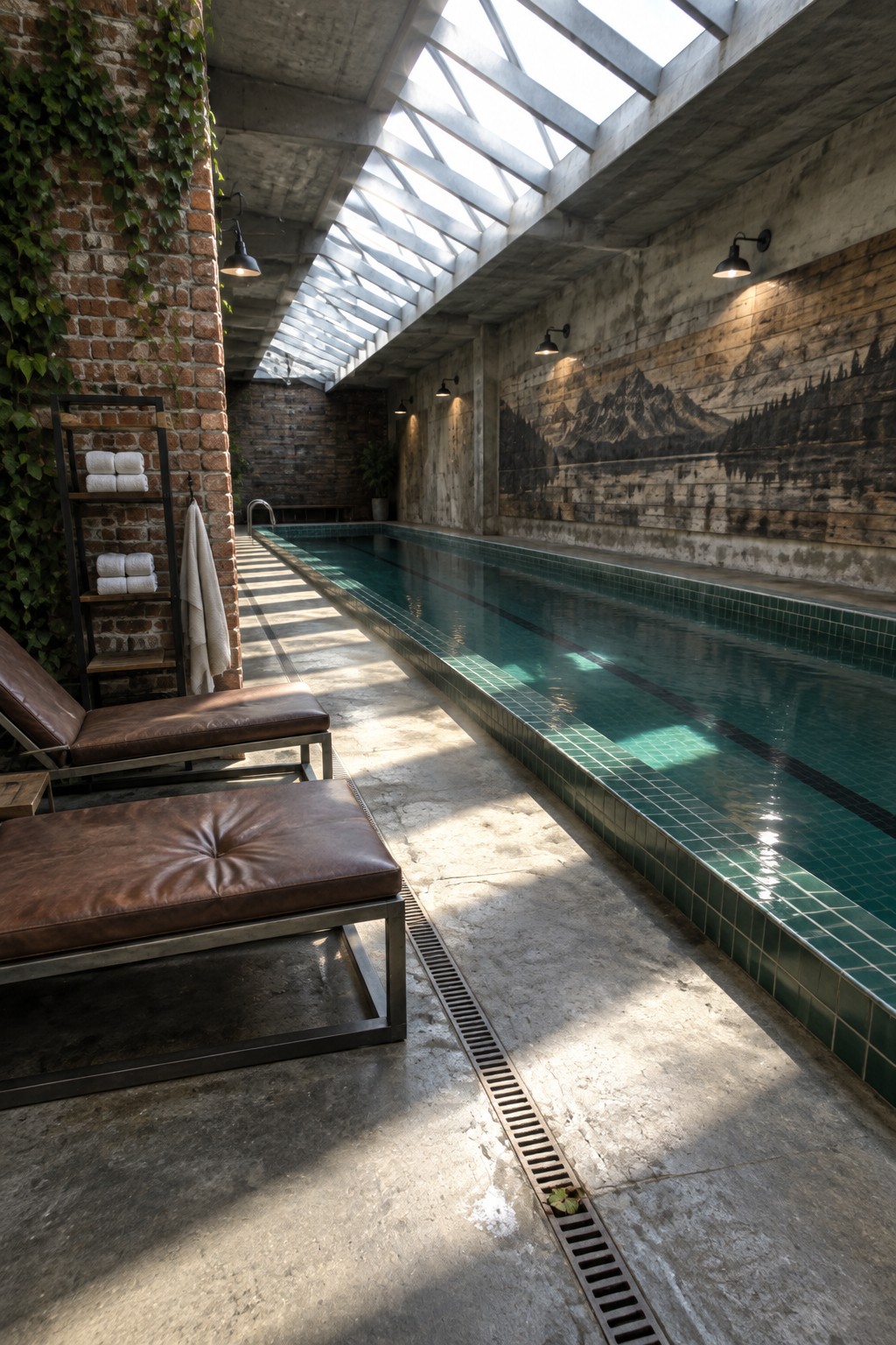 Industrial indoor pool with green tiles, skylight, brown leather loungers, and mountain mural.