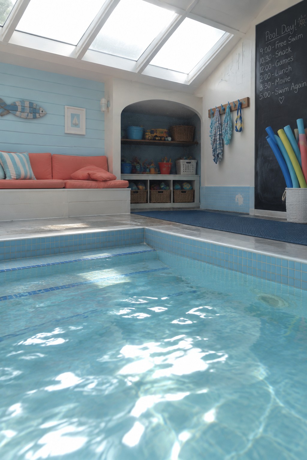 An indoor pool room with blue tile, a large skylight overhead, a built-in bench with coral cushions, and open shelving filled with pool toys and baskets.