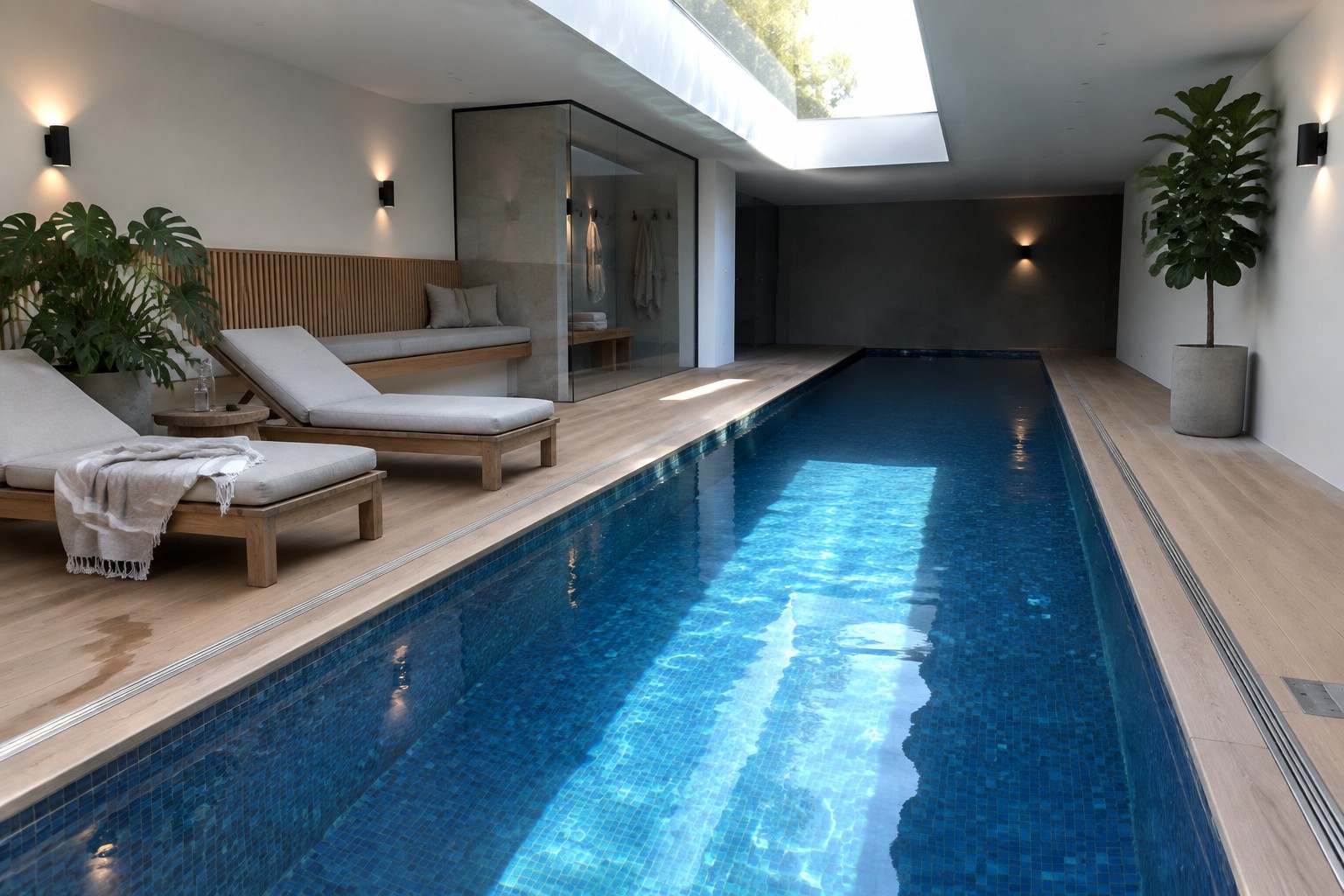 Modern indoor lap pool with blue mosaic tiles, sunlit water, and wooden lounge chairs