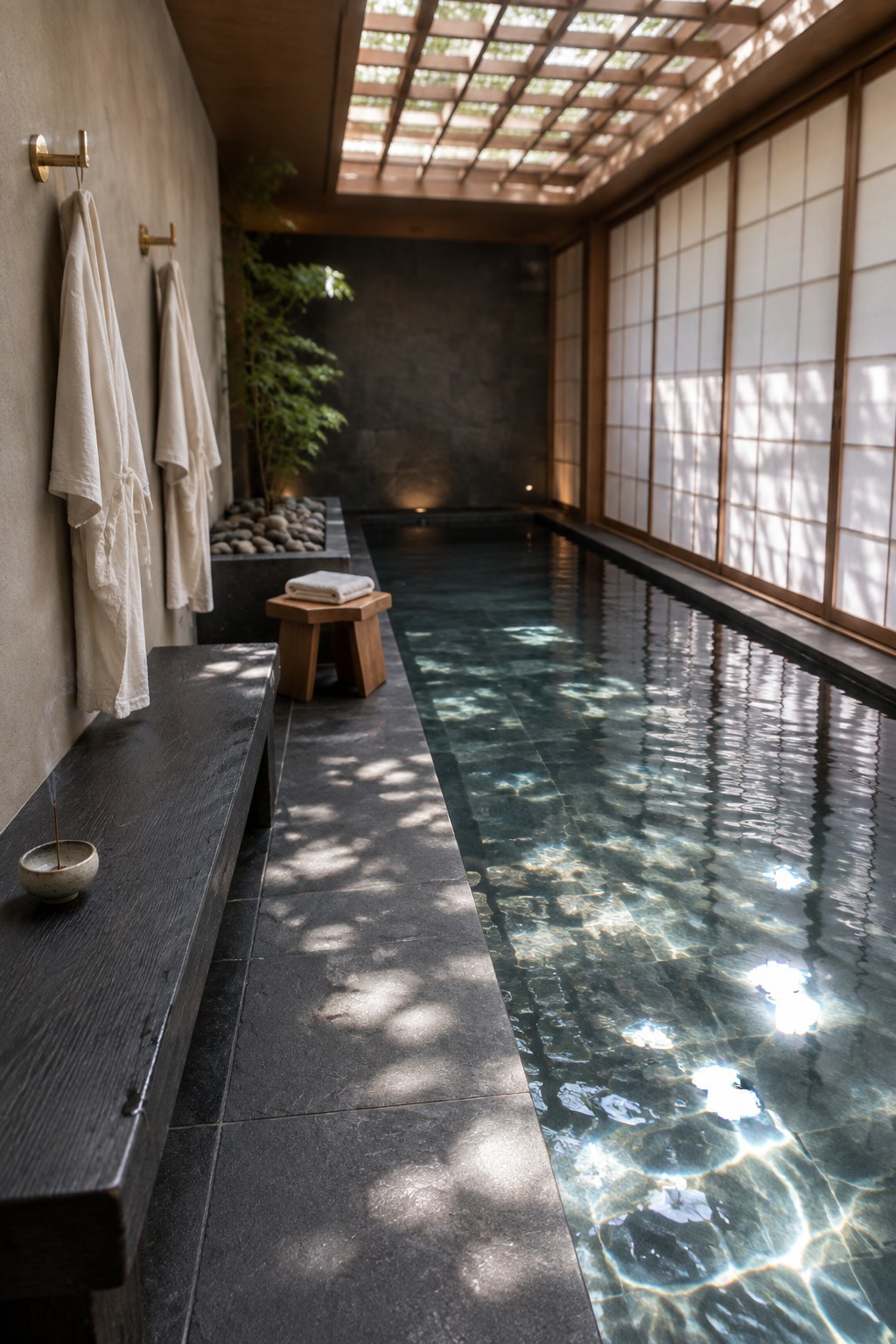 An indoor pool room with a rectangular pool beneath a large wooden grid skylight, dark stone tiles and bench, and white towels on the left wall.