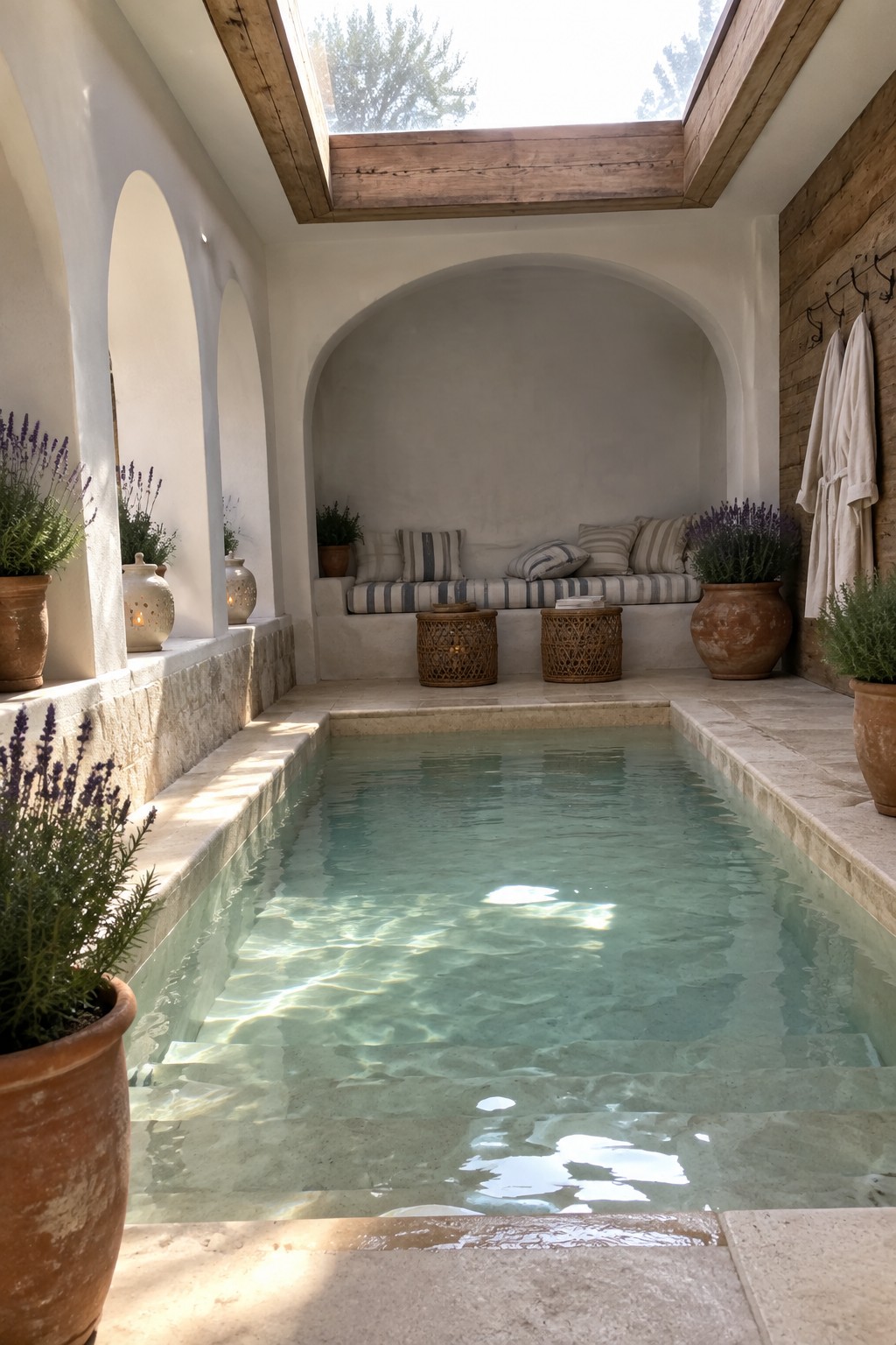 An indoor pool with a large skylight overhead, steps into the water, and a built-in seating niche with cushions under an arch.