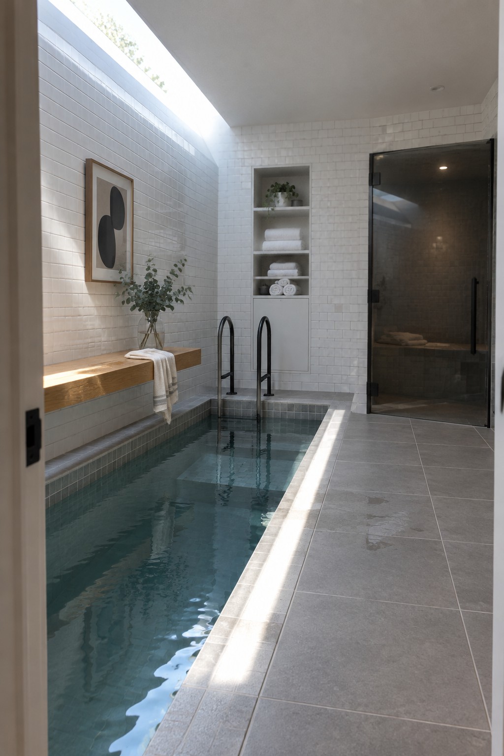 An indoor lap pool with white tiled walls, a long skylight overhead, black metal ladder, and a wooden bench on the left side.