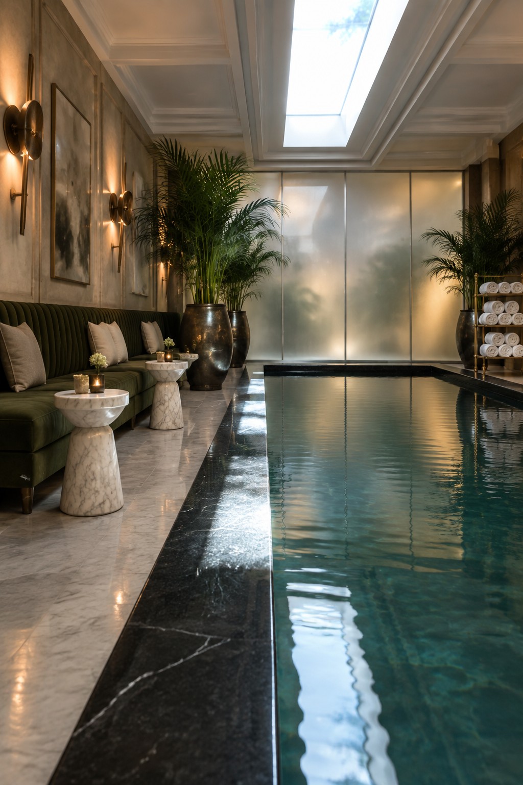 An indoor pool room features a long skylight above a rectangular pool, with a green velvet sofa and marble side tables along the left wall.