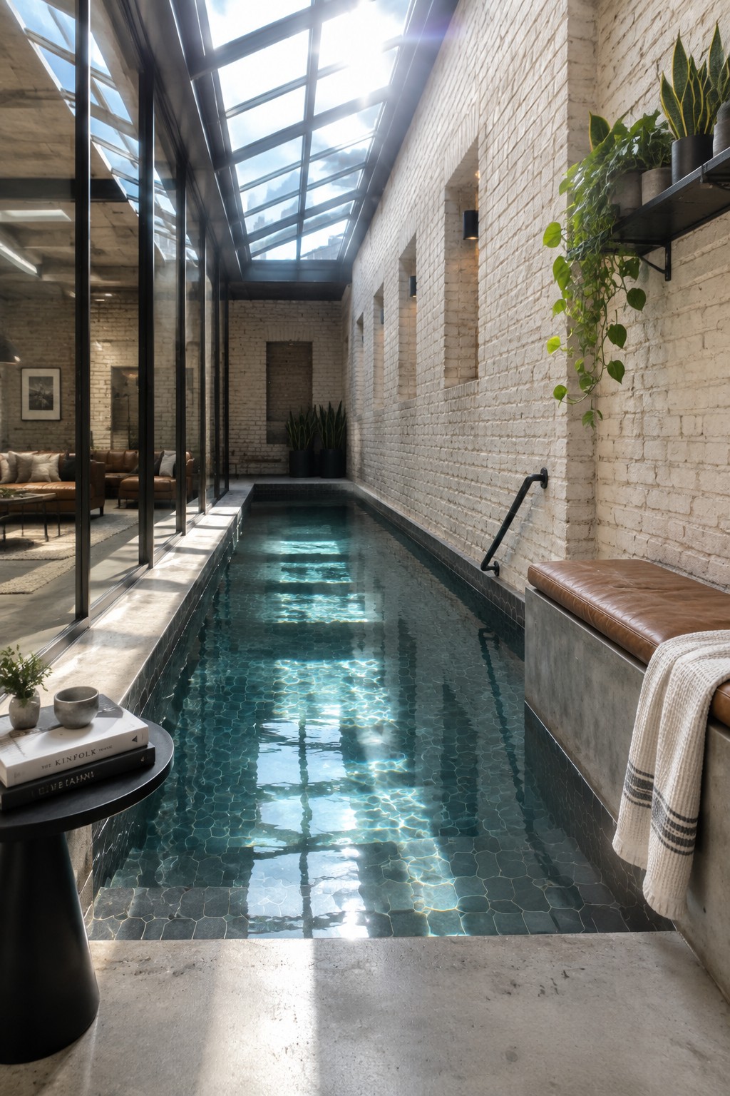 A long indoor swimming pool with blue-green water sits beneath a glass skylight ceiling in a white brick room with a leather bench along one wall.