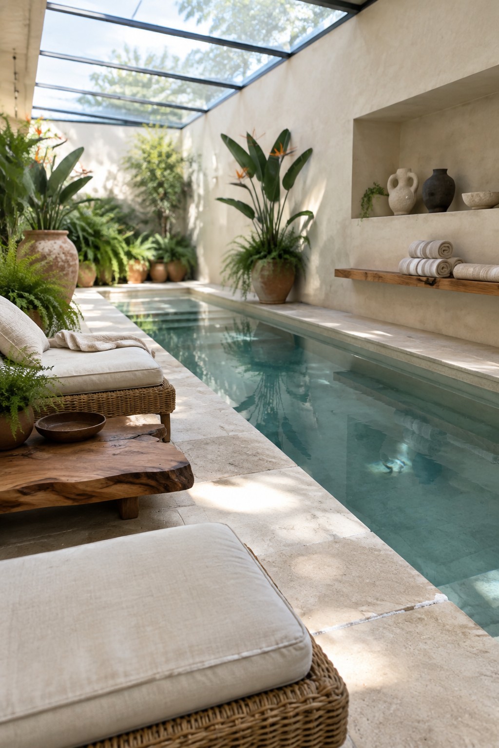 An indoor lap pool with a large glass skylight above it, stone deck, potted plants, and woven lounge chairs along the edge.