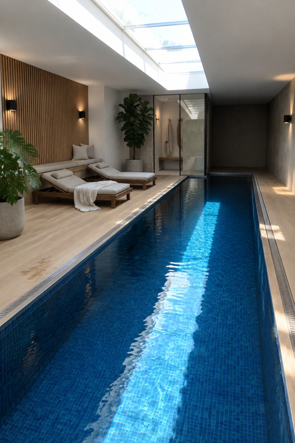 Modern indoor lap pool with blue mosaic tiles, sunlit water, and wooden lounge chairs