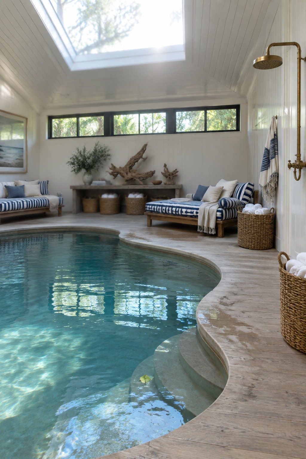 Curved indoor pool with turquoise water, striped daybeds, skylight, and brass shower