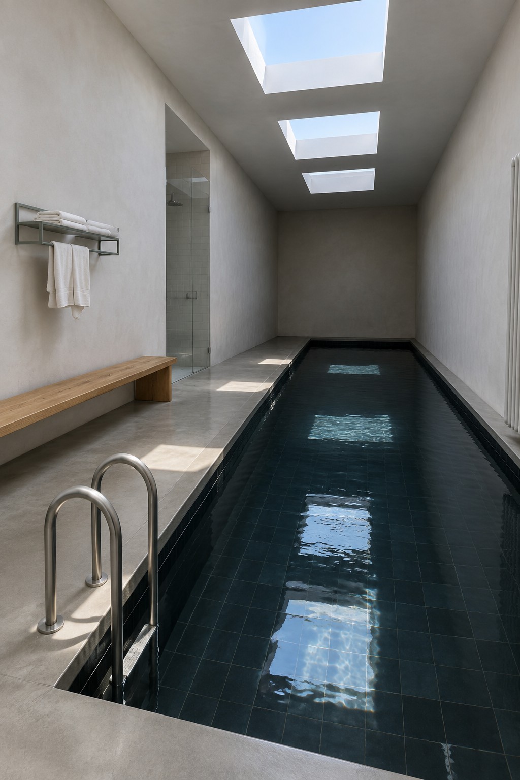 Minimalist indoor pool with dark tiles, skylights, wooden bench, and metal handrails.