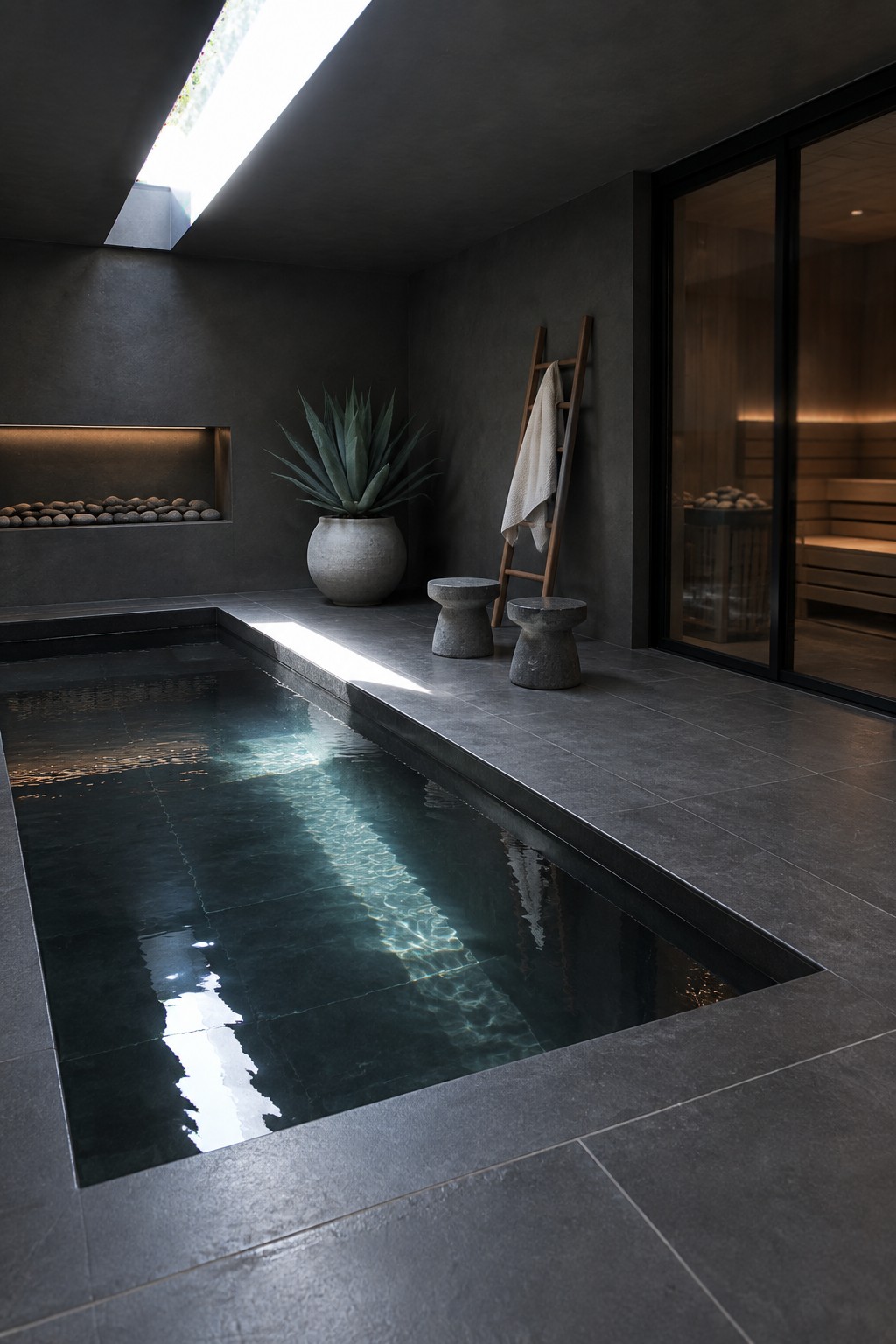 An indoor rectangular pool with dark stone tiles is lit by a long skylight running overhead, with a large potted plant and two stone stools along the edge.