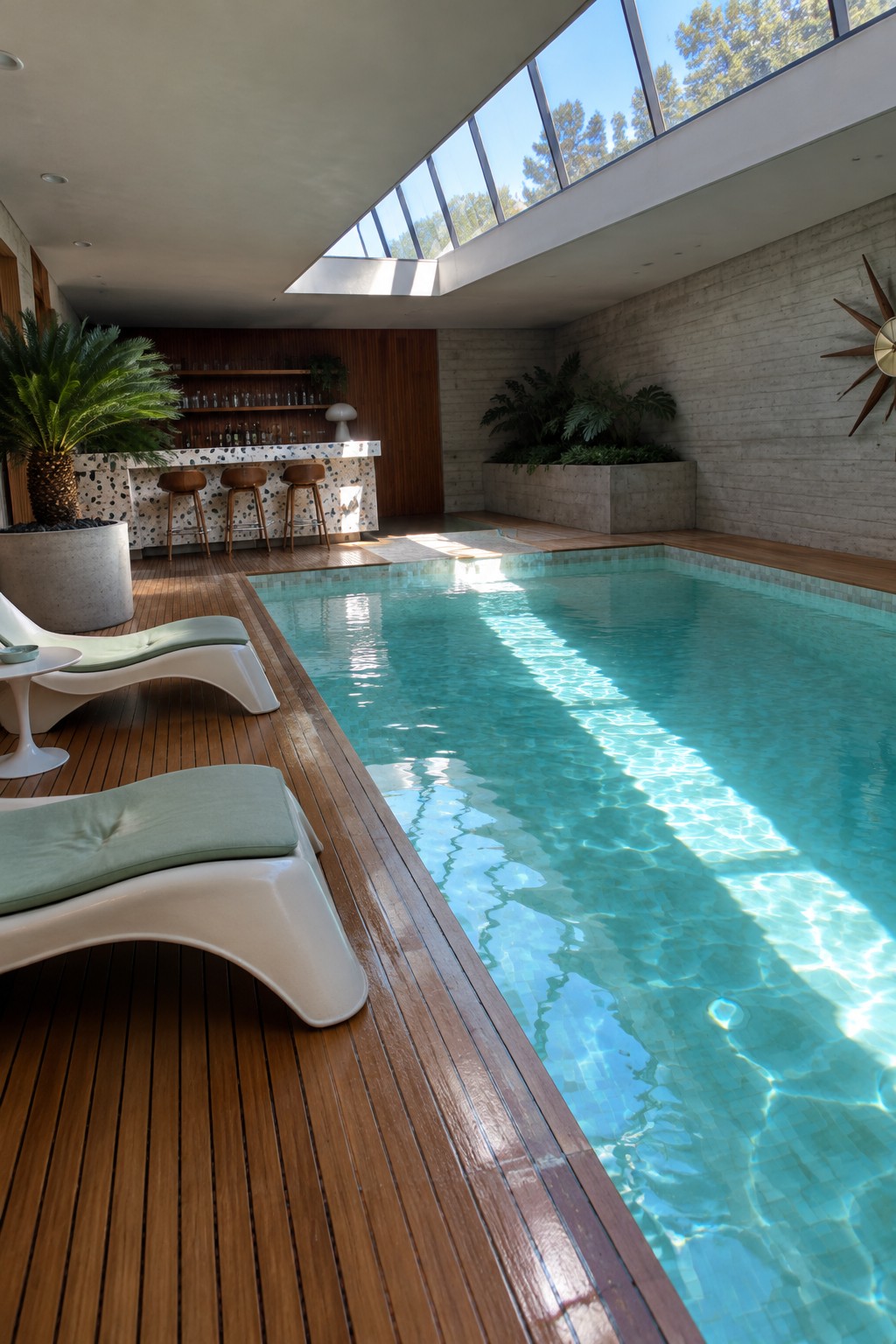 An indoor pool with light blue water under a long rectangular skylight, wooden decking along the edges, white lounge chairs in the foreground, and a bar with three stools in the background.
