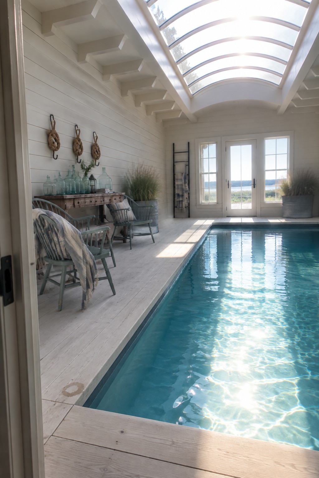 An indoor pool room with a large curved skylight overhead, white wood walls, and a rectangular pool along one side.
