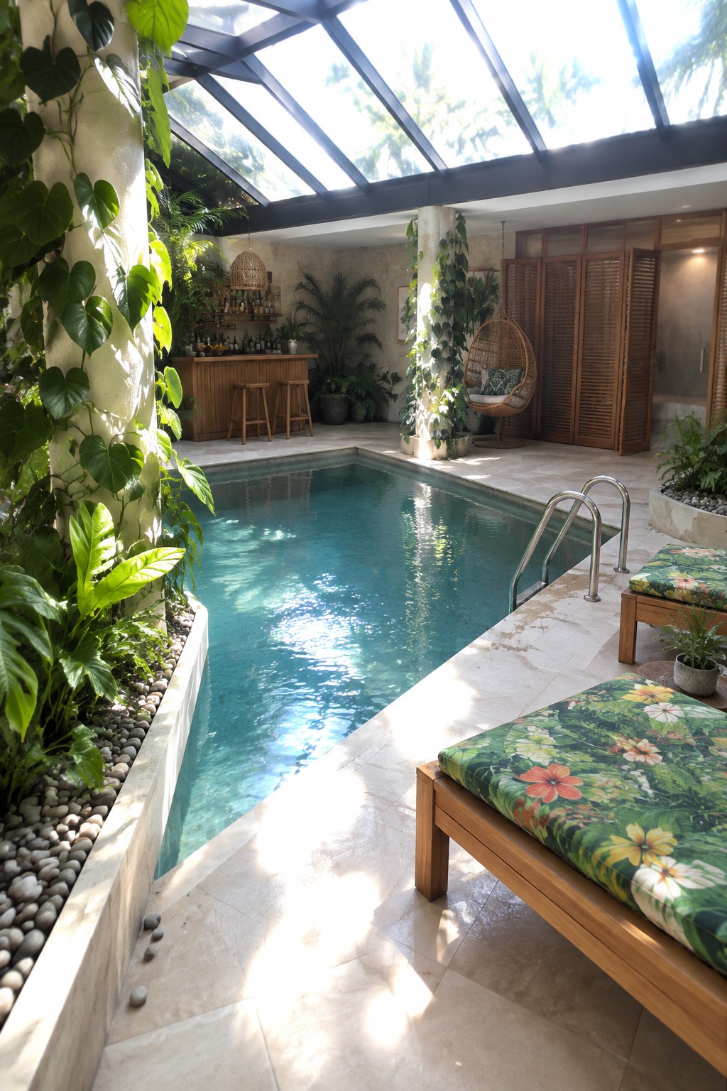 An indoor rectangular pool with a large glass skylight above, surrounded by climbing tropical plants, a wooden bar, hanging chair, and stone tile deck with lounge chairs.