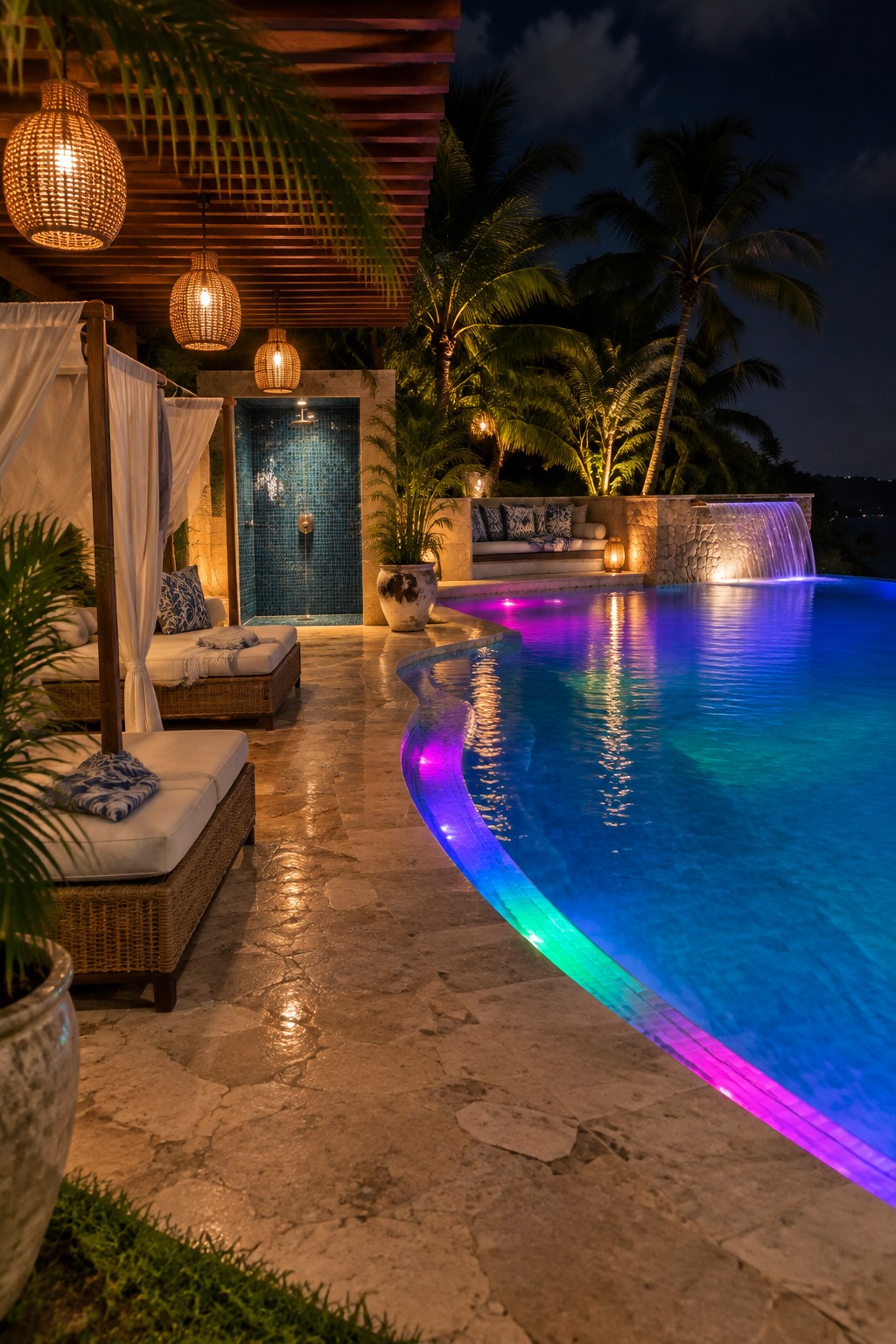 Nighttime view of a curved infinity pool with multicolored LED strip lighting along the edge, next to stone decking, lounge chairs, and a small waterfall feature.