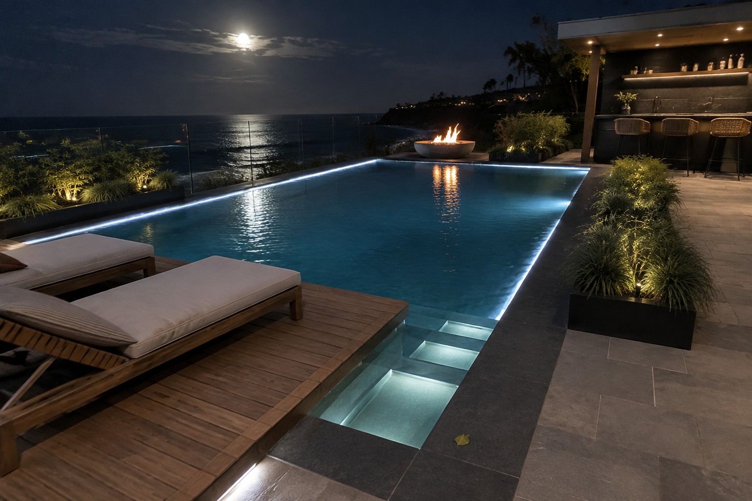 20 Brilliant LED Lighting Ideas for Infinity Pools at Night An infinity pool at night with LED strip lighting along the water edge, a fire pit on the left, lounge chairs on a wooden deck, and an outdoor bar area overlooking the ocean under moonlight.