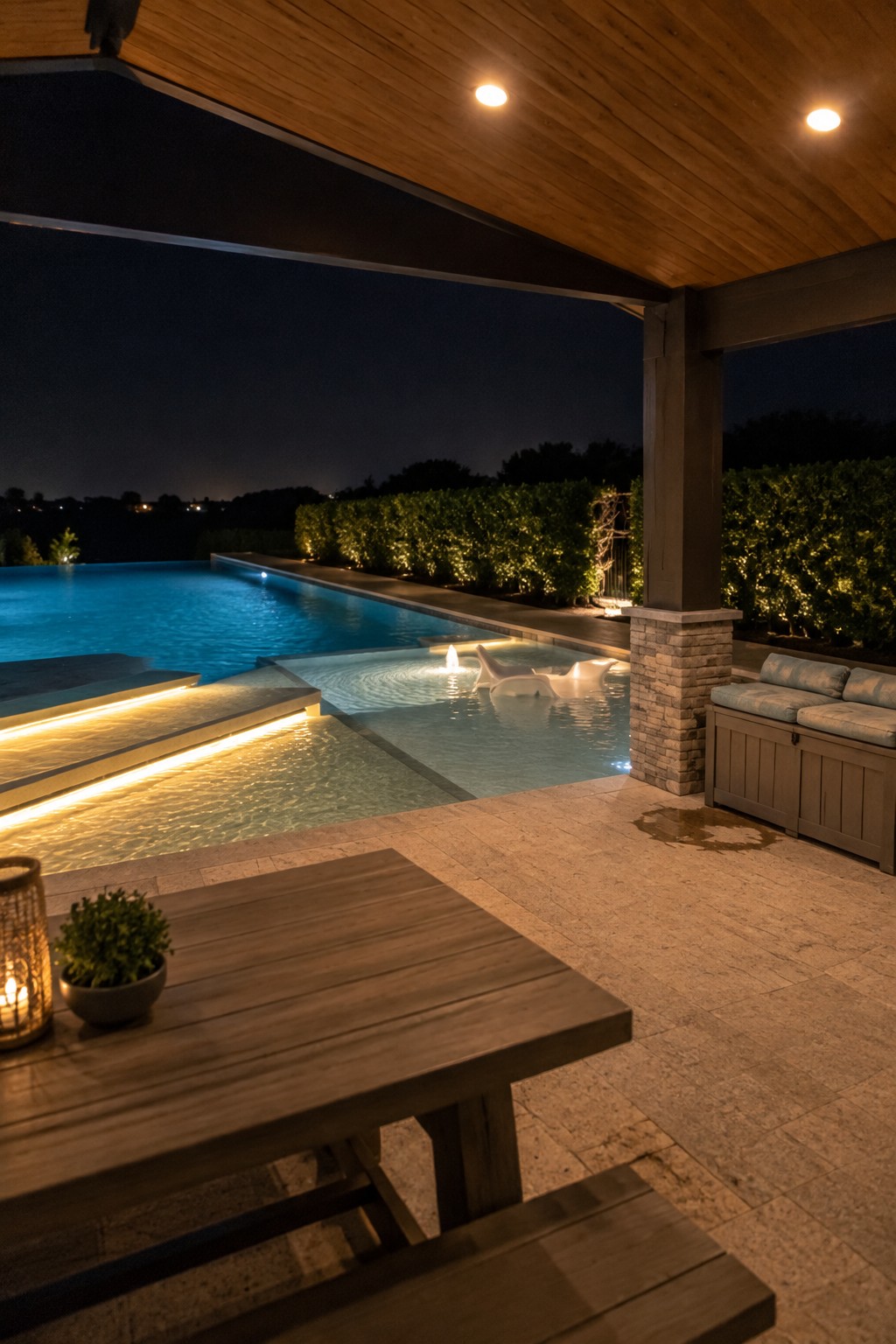 A nighttime view of an infinity pool with illuminated steps and water, seen from a covered stone patio with a wooden ceiling, bench, and foreground table.