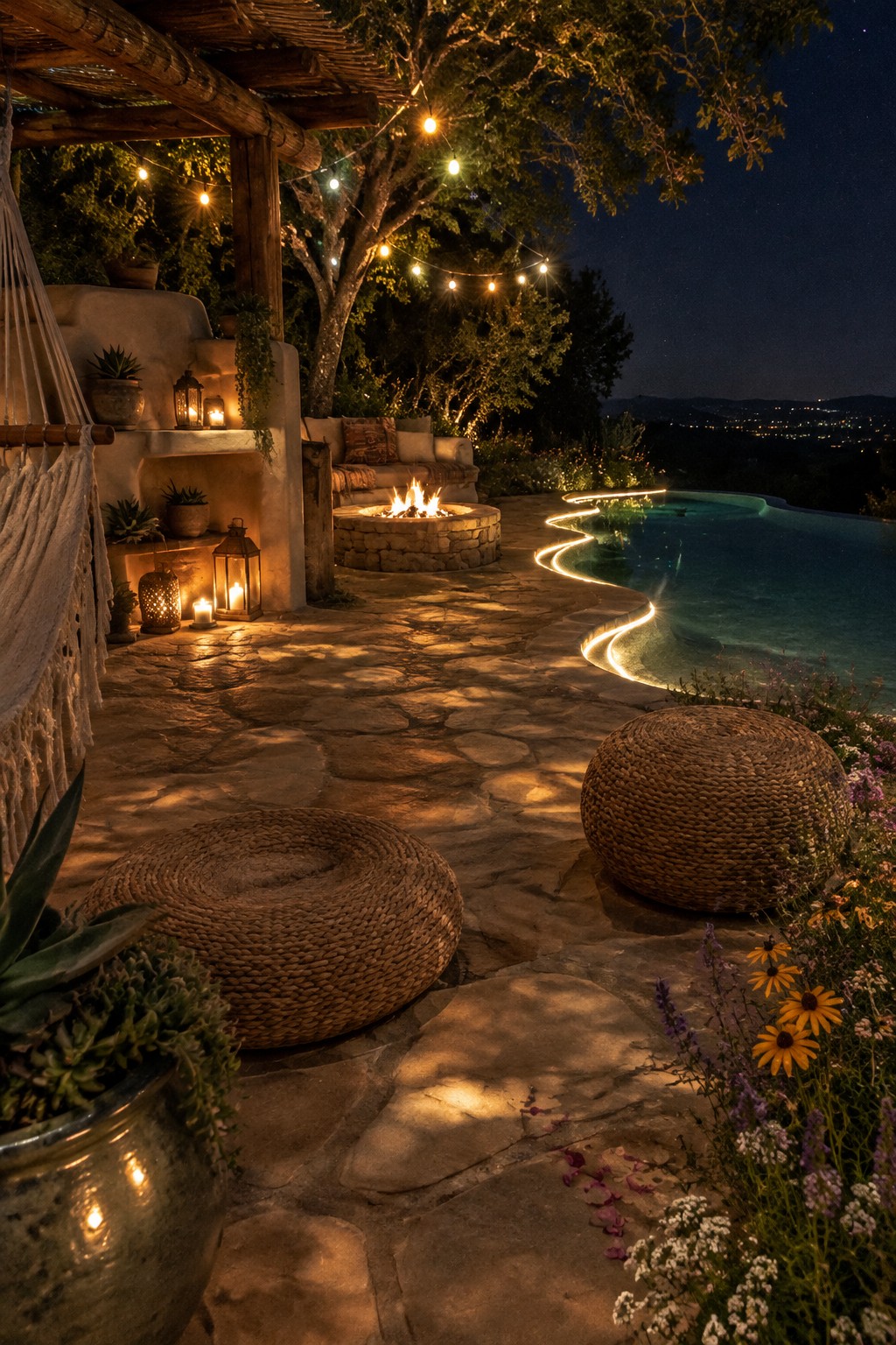 A nighttime outdoor patio with a stone floor, an infinity pool with glowing LED lights along its curved edge, a stone fire pit, woven poufs, lanterns, string lights overhead, potted plants, and distant hills visible in the background.