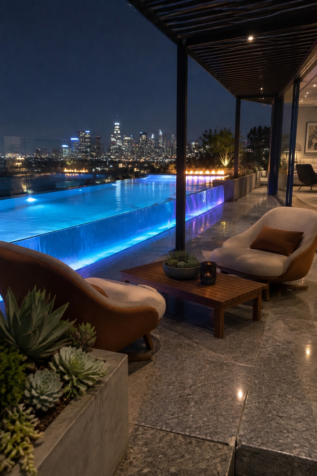 Nighttime photo of a long infinity pool with blue LED lighting along its edge, water cascading over the side, and two lounge chairs with a small table on a stone terrace overlooking a city skyline.