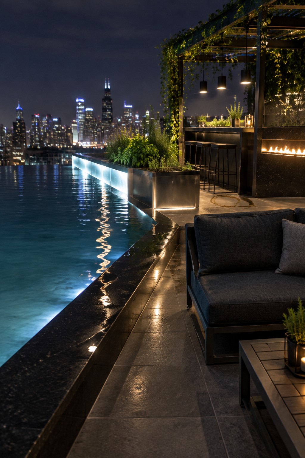 Rooftop infinity pool at night with Chicago skyline, lounge seating, bar, and fire feature