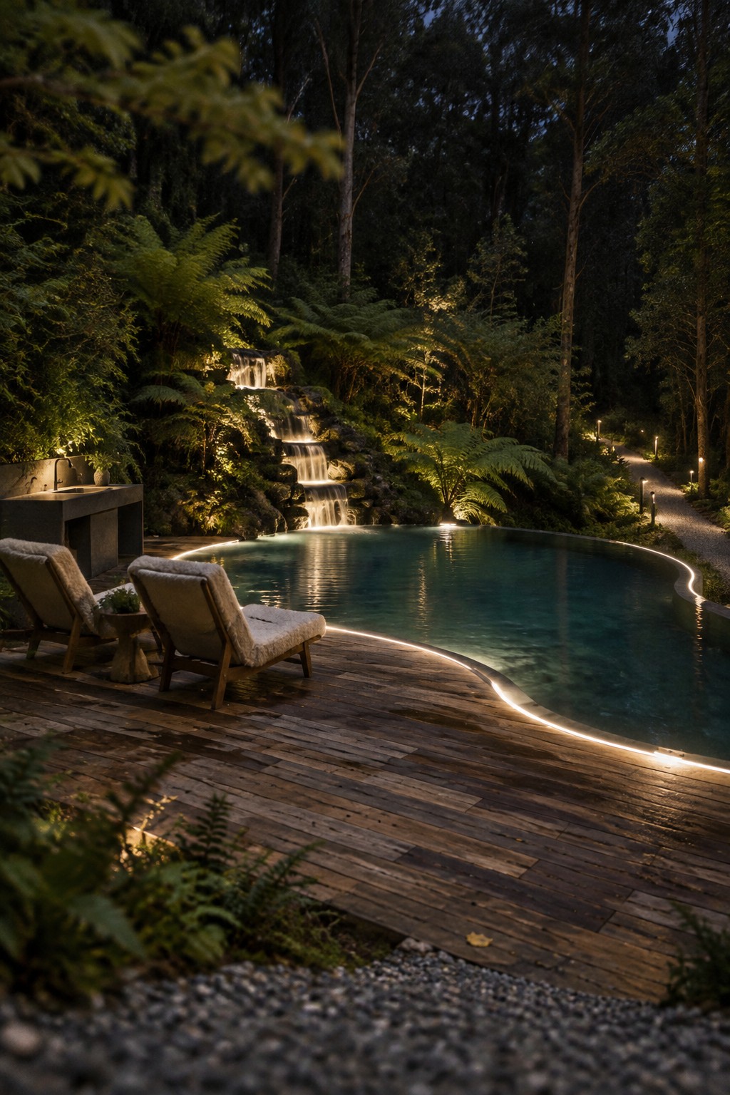 A nighttime scene of a curved infinity pool with glowing LED edge lighting on a wooden deck, set against trees and a small waterfall.