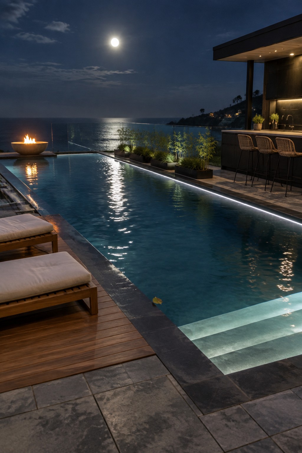 An infinity pool at night with LED strip lighting along the water edge, a fire pit on the left, lounge chairs on a wooden deck, and an outdoor bar area overlooking the ocean under moonlight.