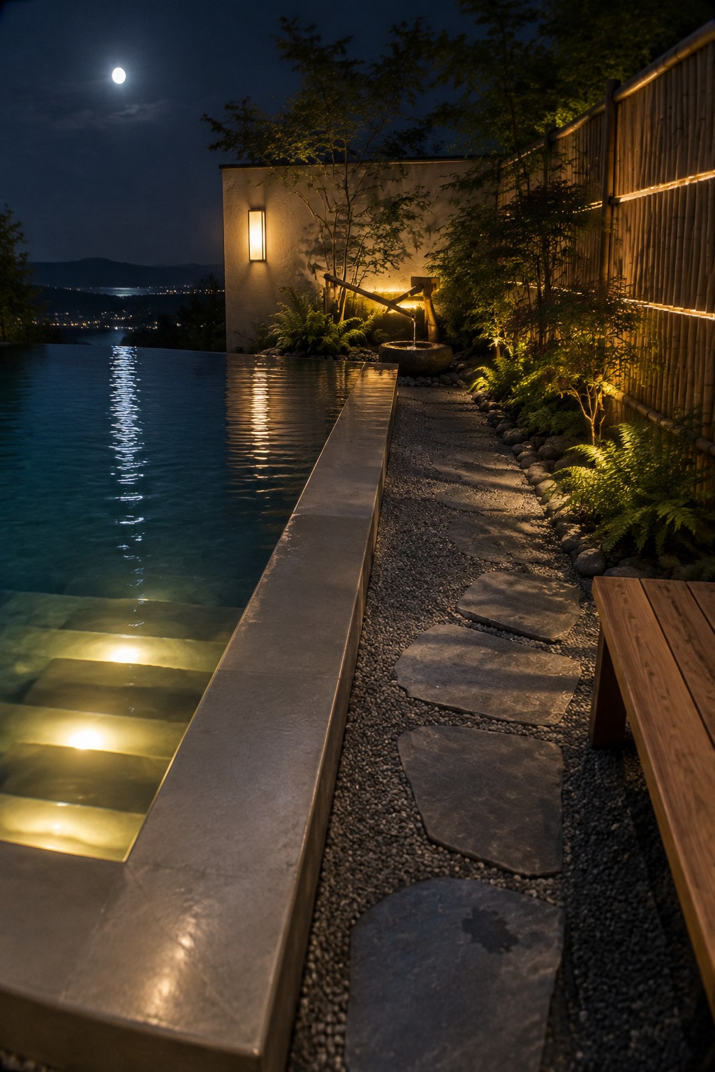 An infinity pool at night with illuminated steps, a stone path, and garden lighting beside a bamboo fence.