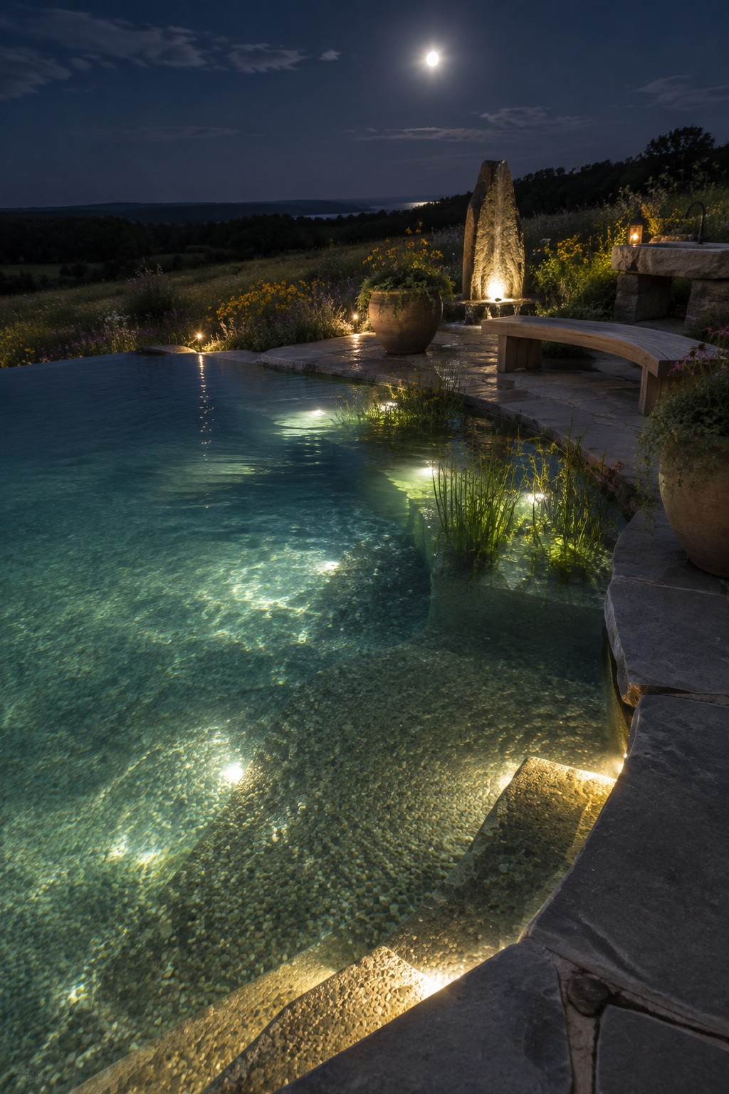 A nighttime view of an infinity pool with LED lights glowing along the stone steps and water edge, next to a curved stone patio with a wooden bench and large potted plants under a full moon.