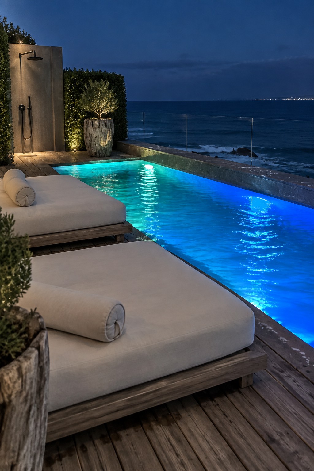 A modern infinity pool with bright blue LED underwater lighting at night, positioned next to a wooden deck with light-colored lounge chairs and overlooking the ocean.