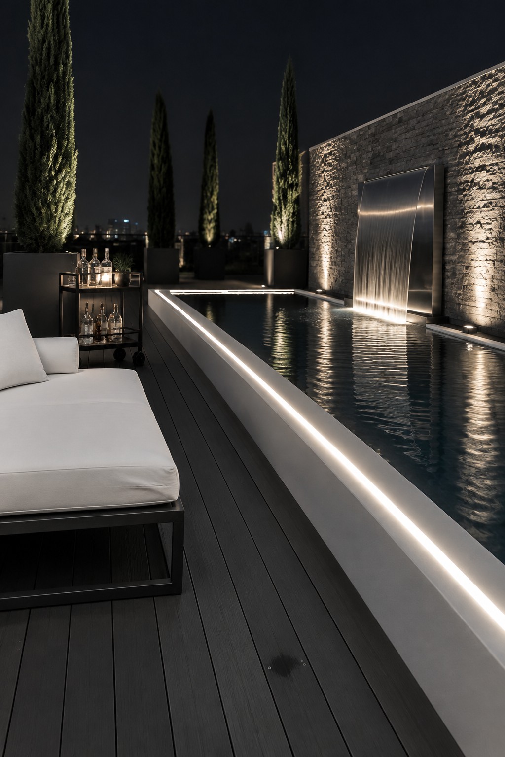 A nighttime view of a rectangular pool with integrated LED lighting along the edge, a dark wood deck with a white lounge chair, a bar cart, and a stone wall featuring a lit waterfall.