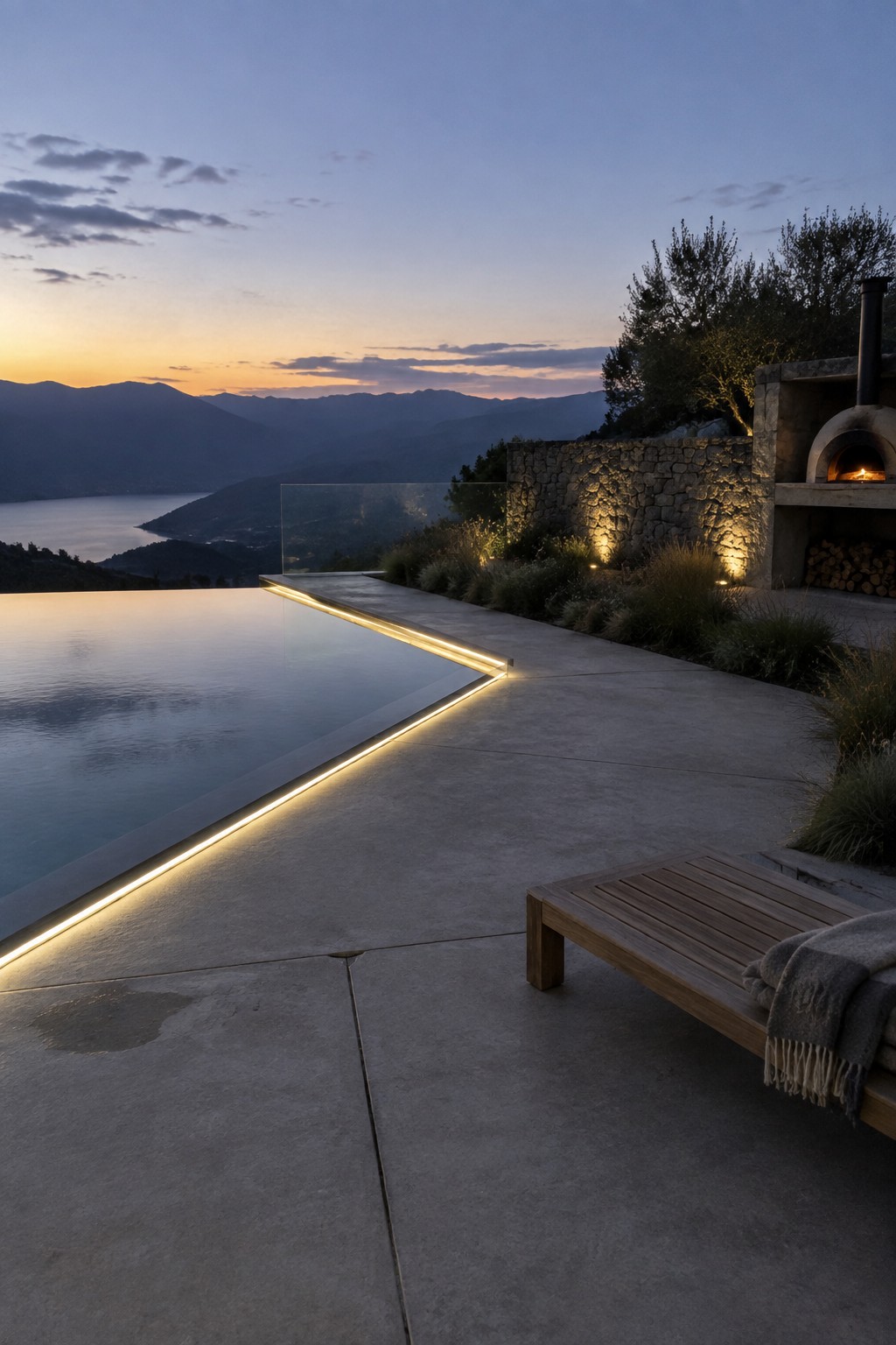 Glowing infinity pool at dusk with mountain view, wooden bench and stone oven on patio.