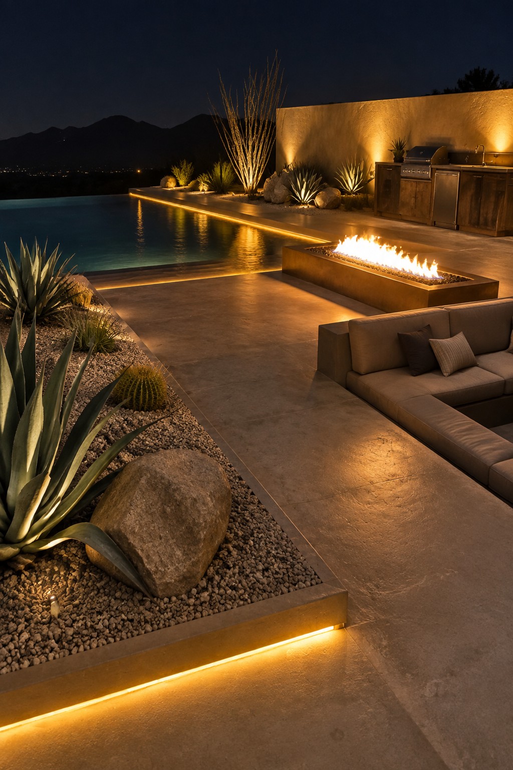 An outdoor patio at night shows an infinity pool edged with glowing LED strips, a fire pit, an outdoor sectional sofa, and desert plants in gravel beds.