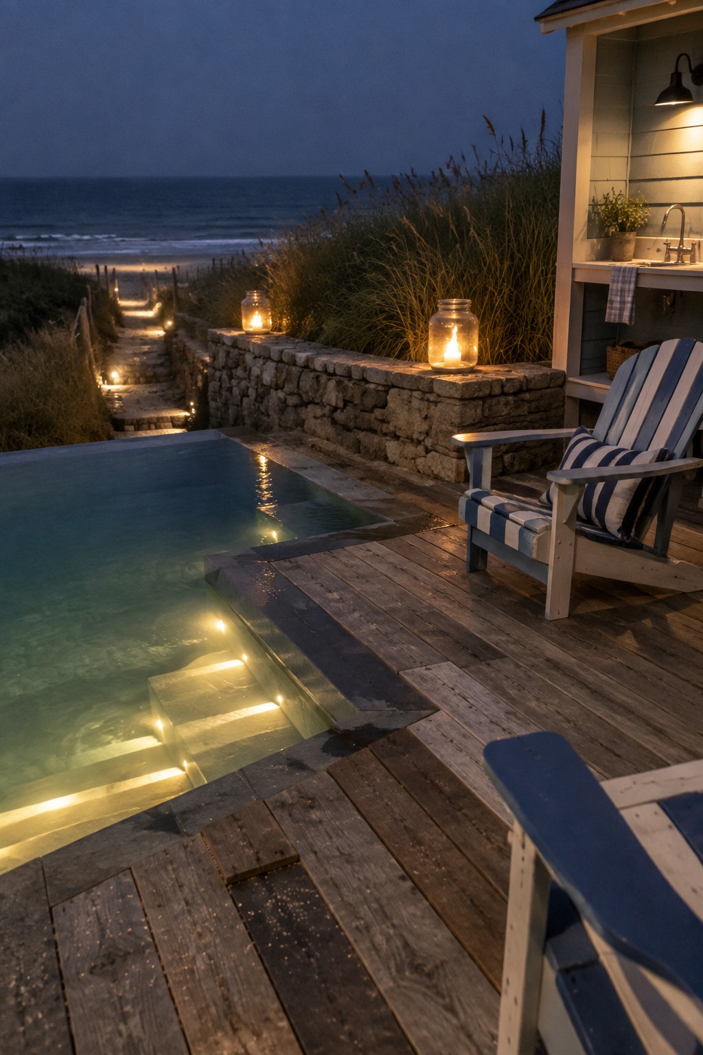 An outdoor infinity pool at dusk with wooden decking, illuminated recessed lights in the pool steps, a stone wall holding glass lanterns, striped chairs, and a lit path leading toward the beach.