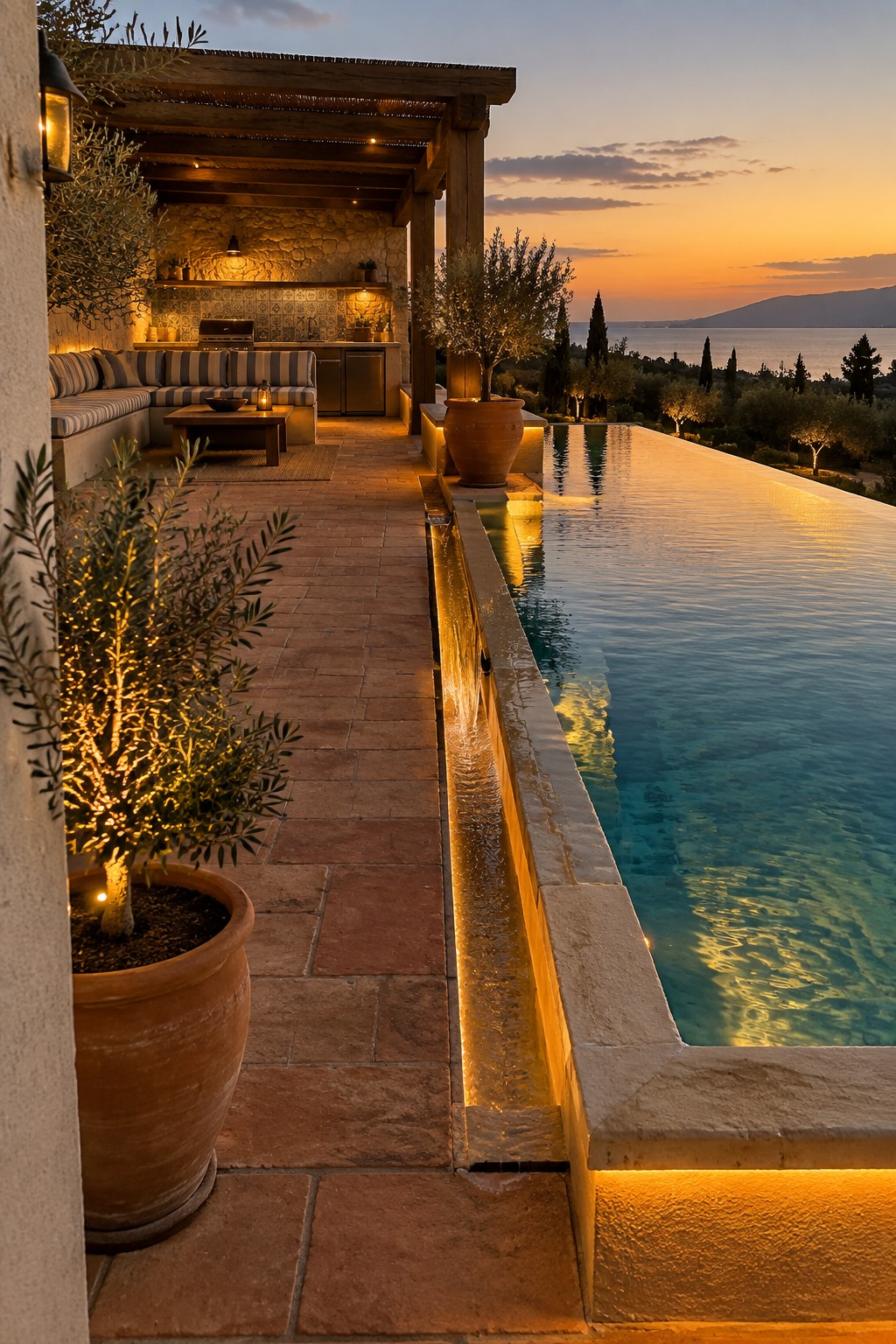 An infinity pool at dusk with a long illuminated water channel running parallel to the edge, bordered by terracotta pots and a stone patio.