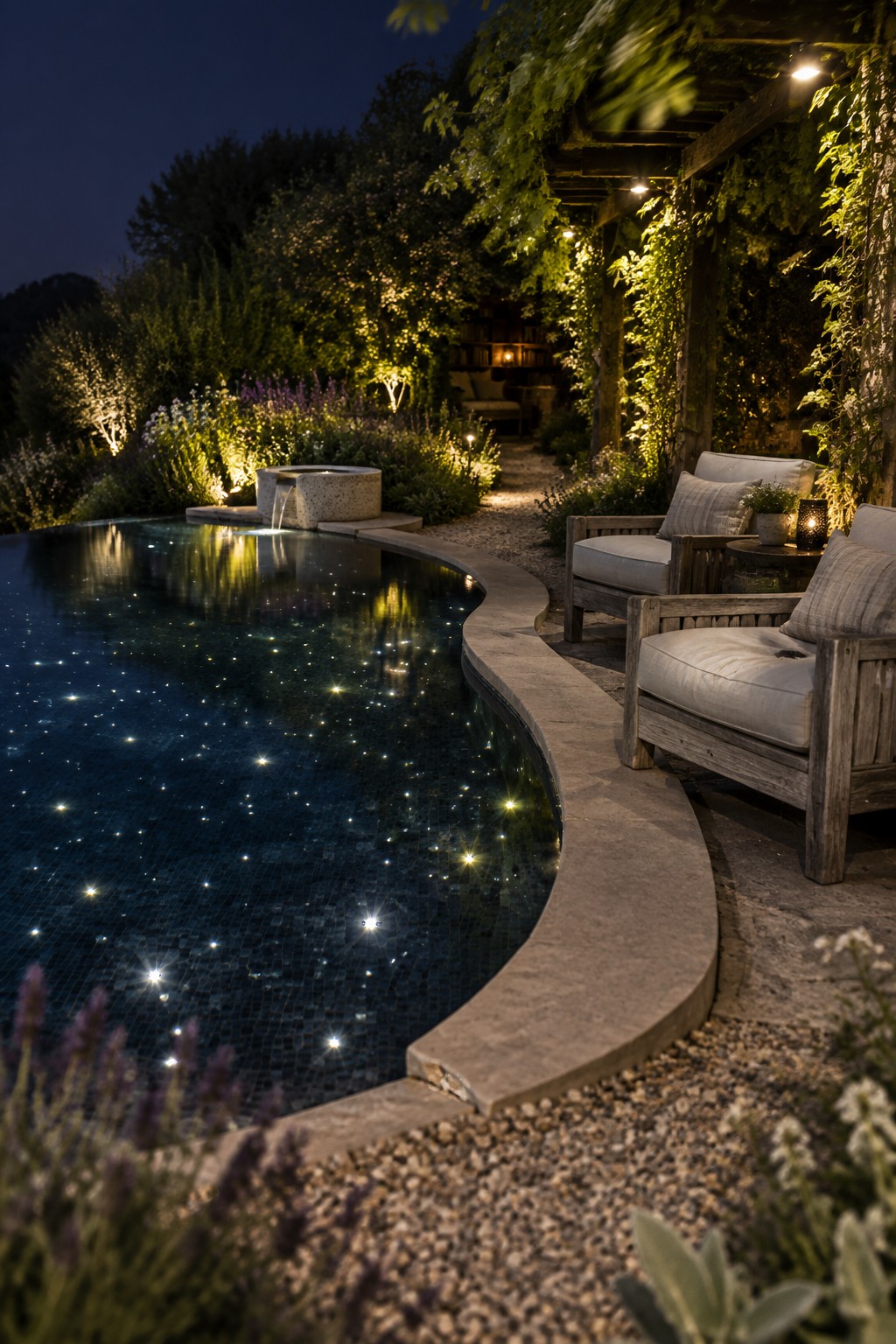 A nighttime view of a curved swimming pool with many small LED lights embedded in the dark mosaic tiles, a stone water feature on the far edge, and wooden lounge chairs on the patio to the right.
