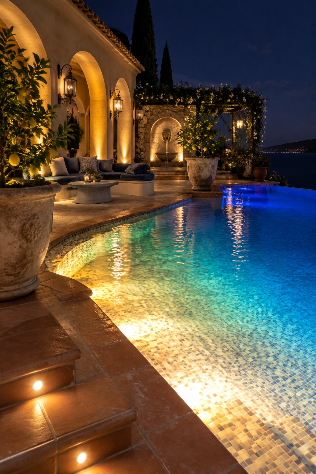 A nighttime infinity pool with blue interior lighting, warm LED step lights on terracotta coping, and a lit stone patio with arches and seating nearby.