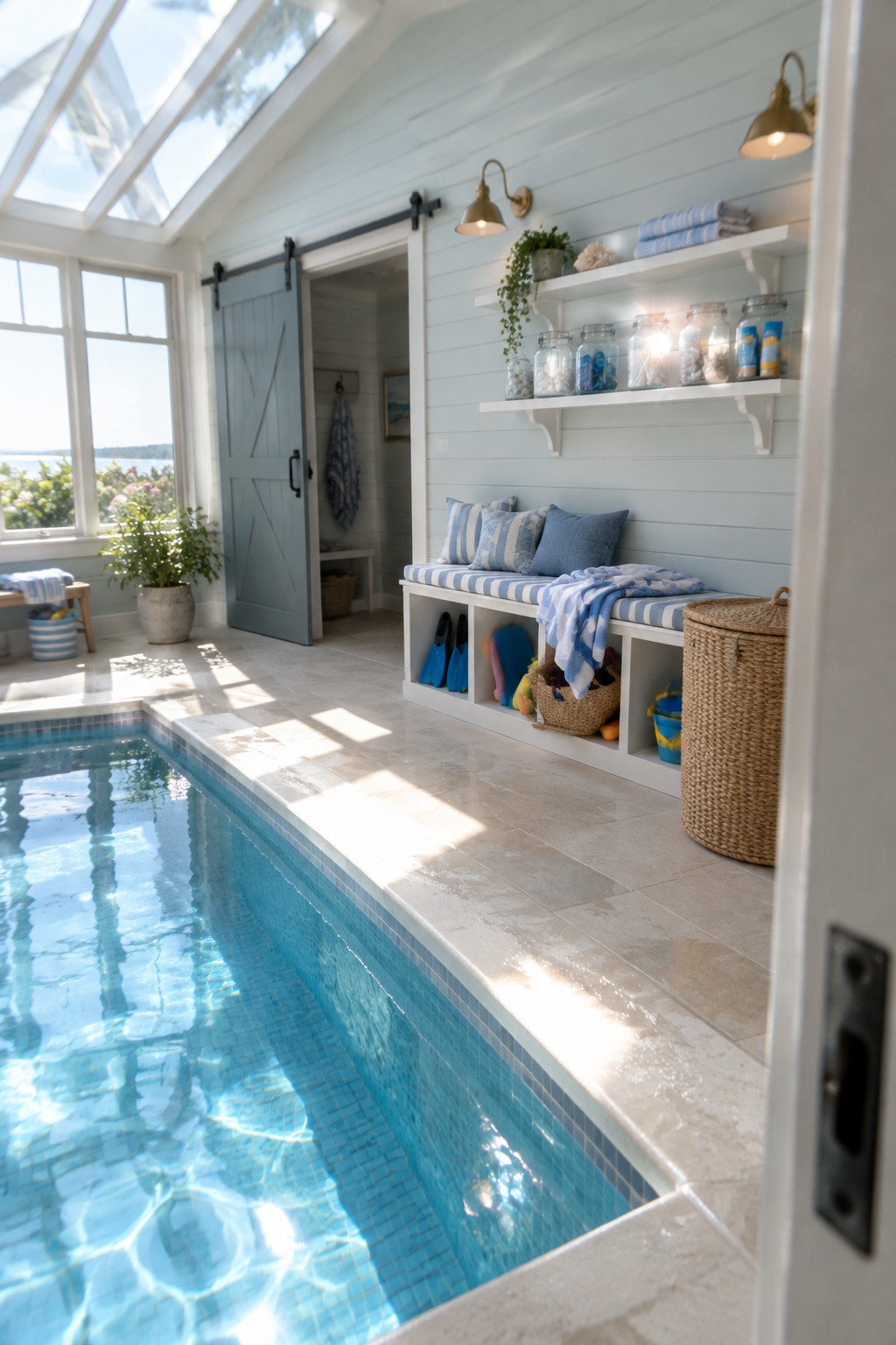 An indoor pool area with a white built-in bench that has blue and white striped cushions and open cubby storage holding swim fins, a basket, and towels, with white shelves above holding glass jars.