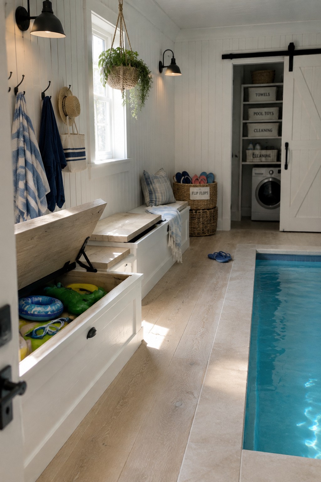 An indoor pool room with white built-in storage benches holding pool floats and inflatables, plus open shelving labeled for towels and pool toys.