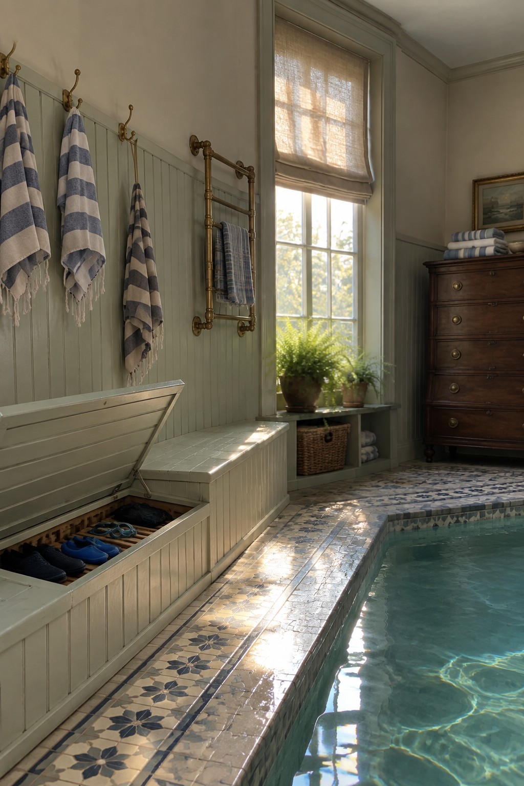 Sunlit indoor pool with open storage bench, striped towels on hooks, patterned tiles