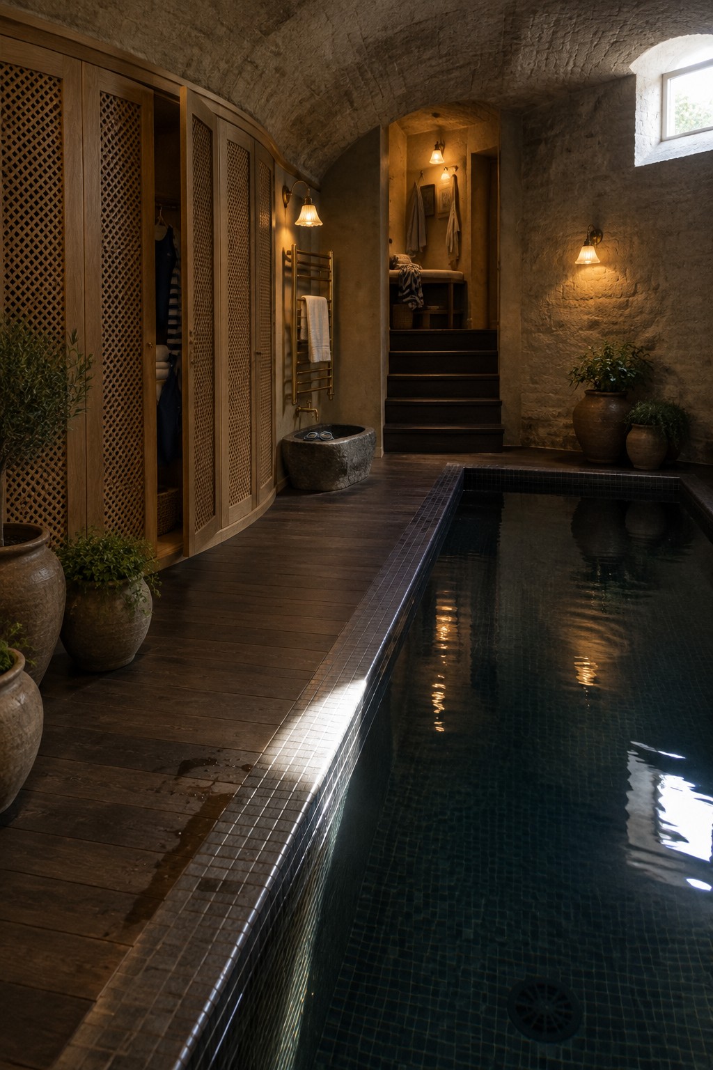 An indoor pool room showing a long curved wall of wooden cabinets with lattice doors, dark wood flooring, a stone sink, and potted plants beside the water.