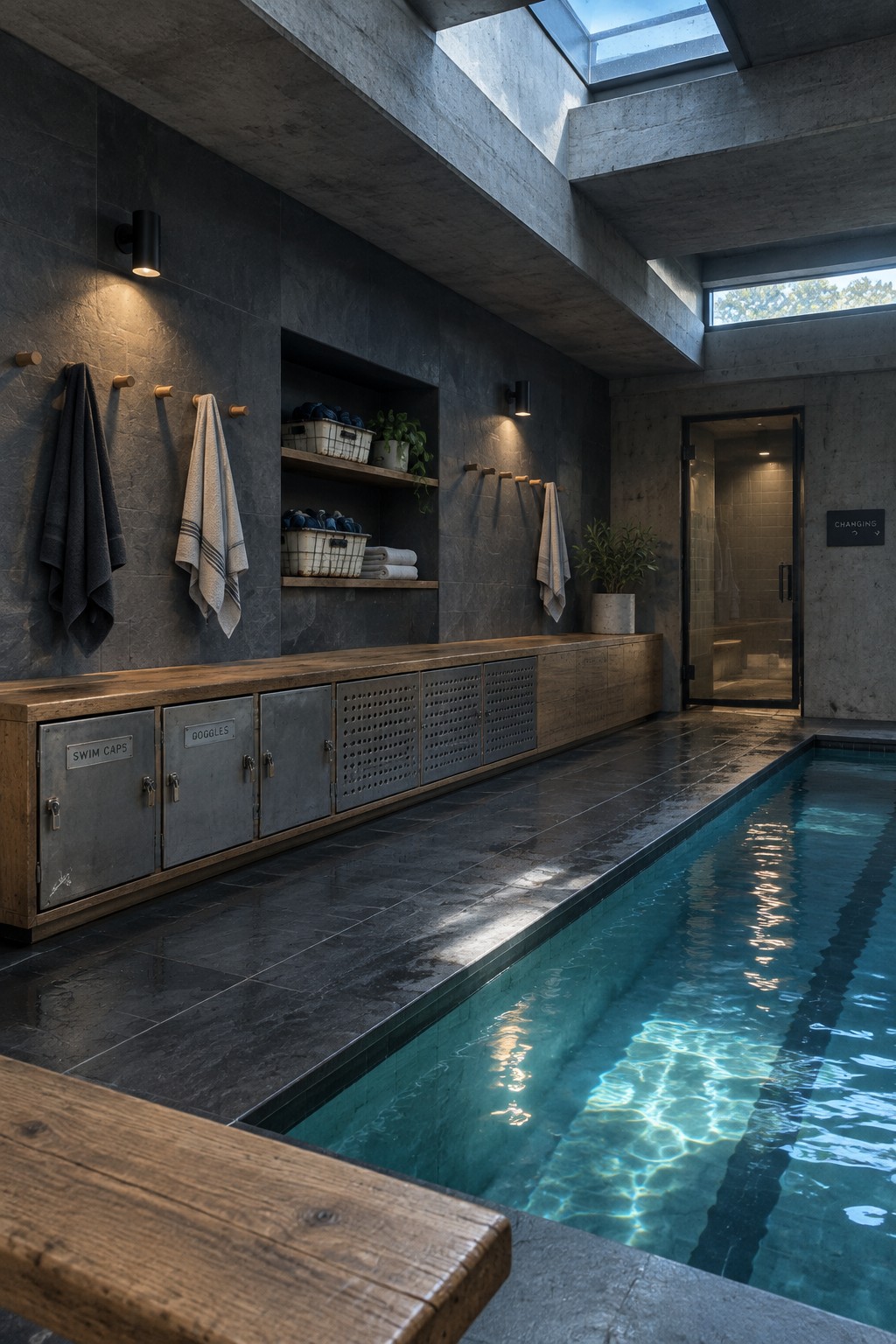 Modern indoor pool with concrete walls, wooden cabinets, towels, and skylights.