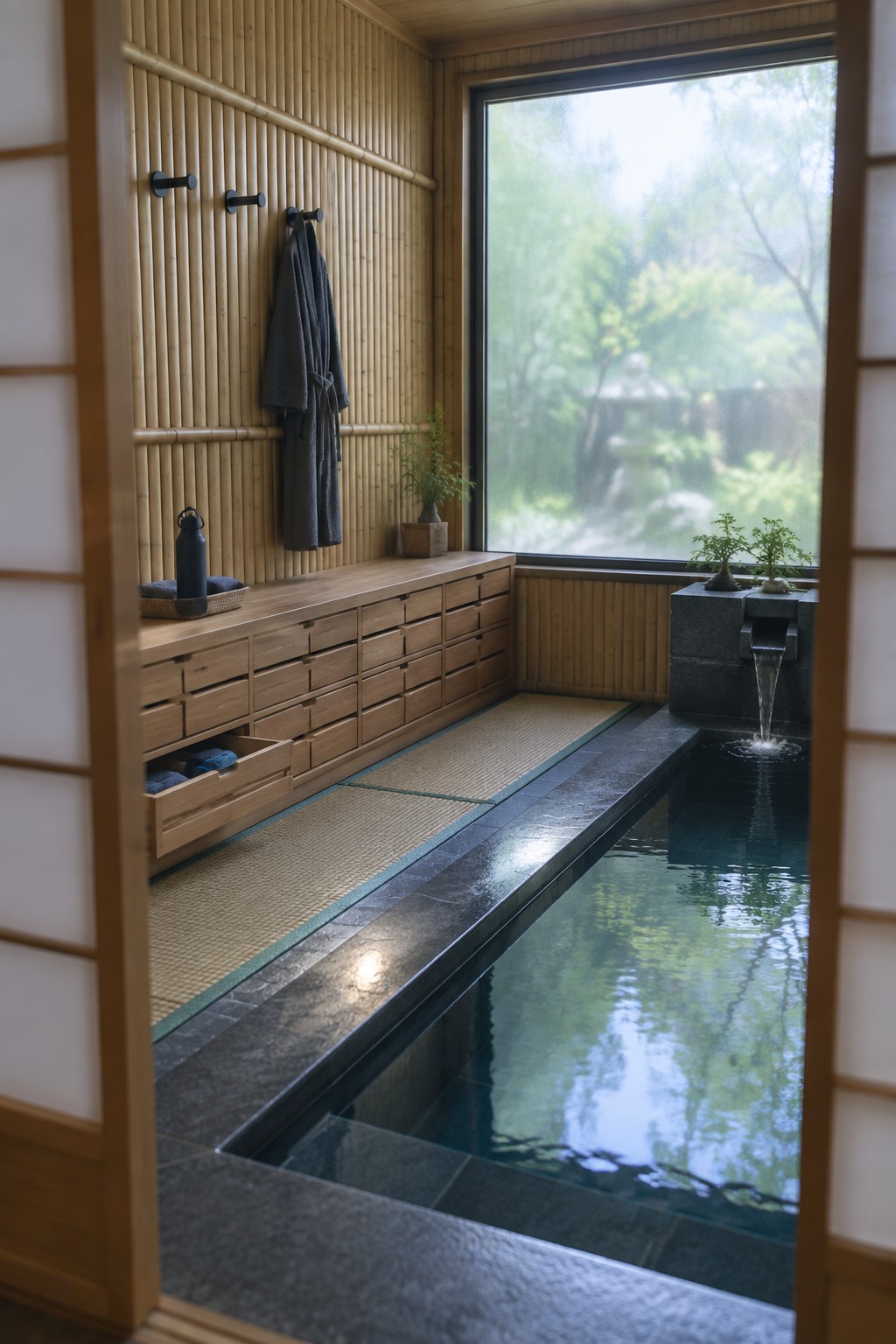 Indoor Japanese-style pool room with a long wooden cabinet of drawers along the pool edge, tatami mats, and a stone water feature visible through an open shoji screen.