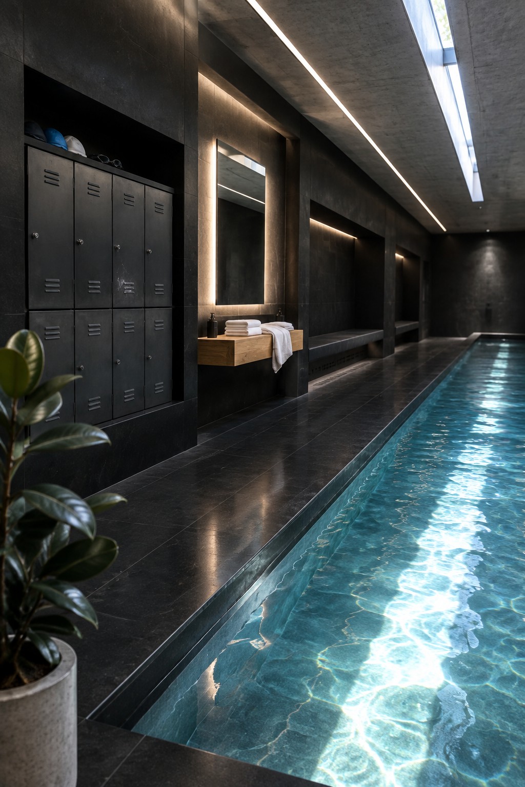 Indoor lap pool in a dark tiled room with black lockers along the left wall and a wooden floating shelf holding folded towels.