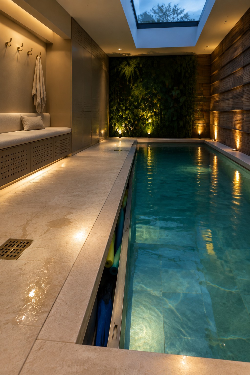Luxury indoor pool with green living wall, stone flooring, and built-in bench seating