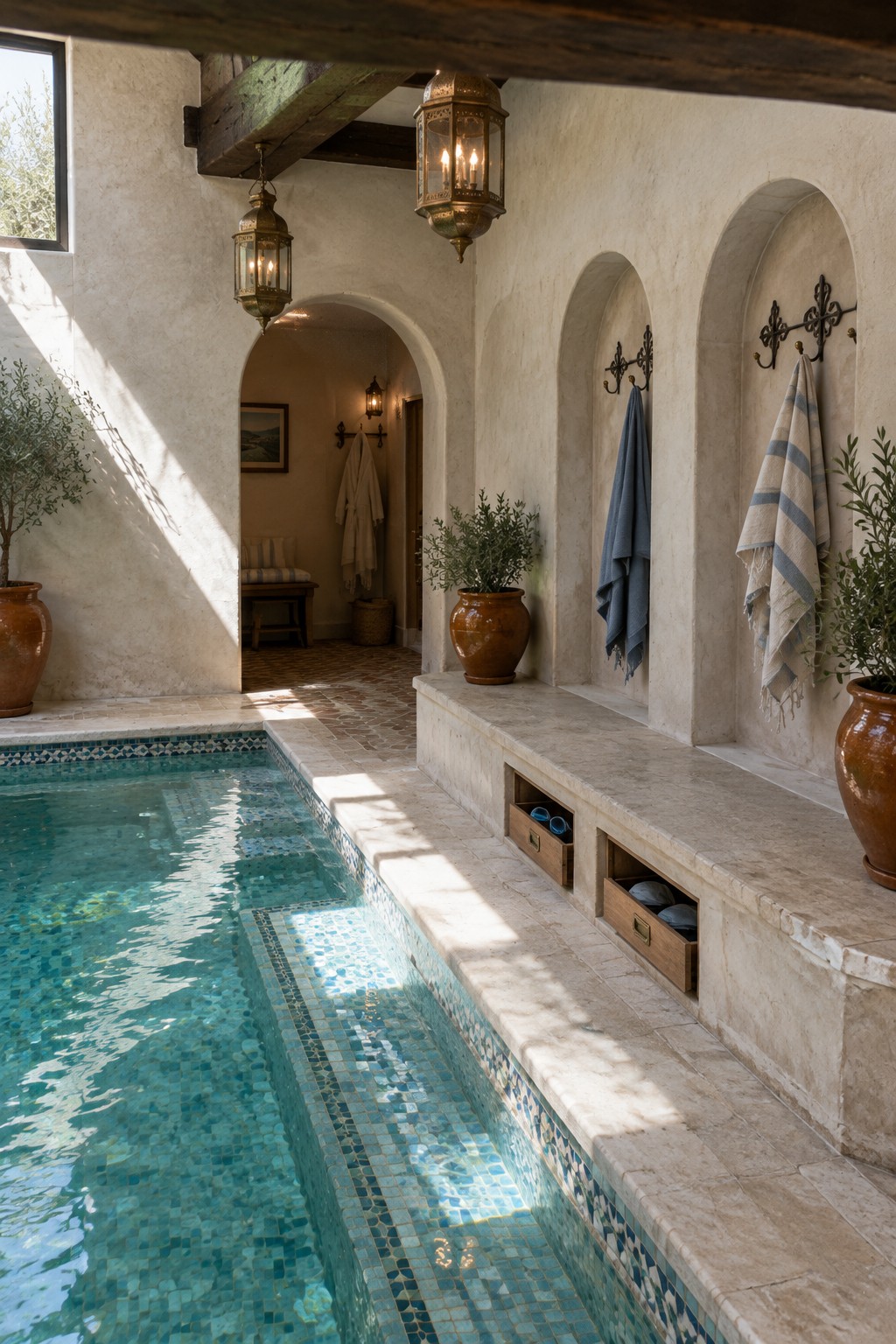 Sunlit indoor pool with mosaic tiles, arched towel niches, lanterns, and terracotta pots.