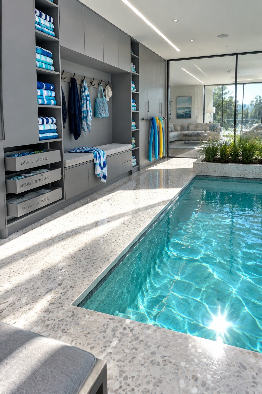 An indoor pool with gray built-in cabinets, open shelves holding folded towels, and labeled drawers for goggles and swim caps along one wall.