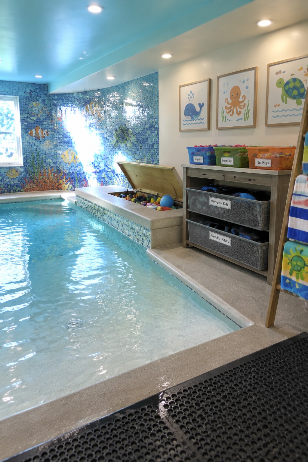 An indoor pool with blue mosaic tile walls, a built-in wooden storage chest along the edge, and a nearby cabinet with labeled bins and mesh drawers for swim gear.
