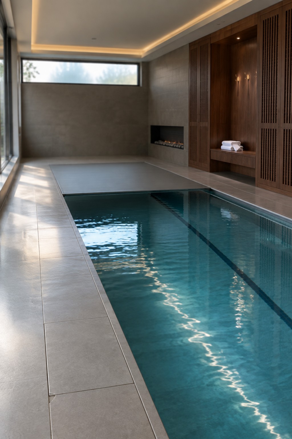 An indoor lap pool with gray tile decking and a long wooden built-in unit featuring cabinets, hooks, and a bench along the right wall.