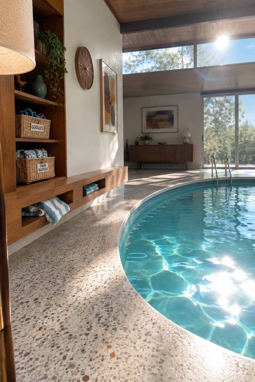 An indoor pool with a curved edge beside a long wooden built-in storage unit holding labeled baskets and folded towels.