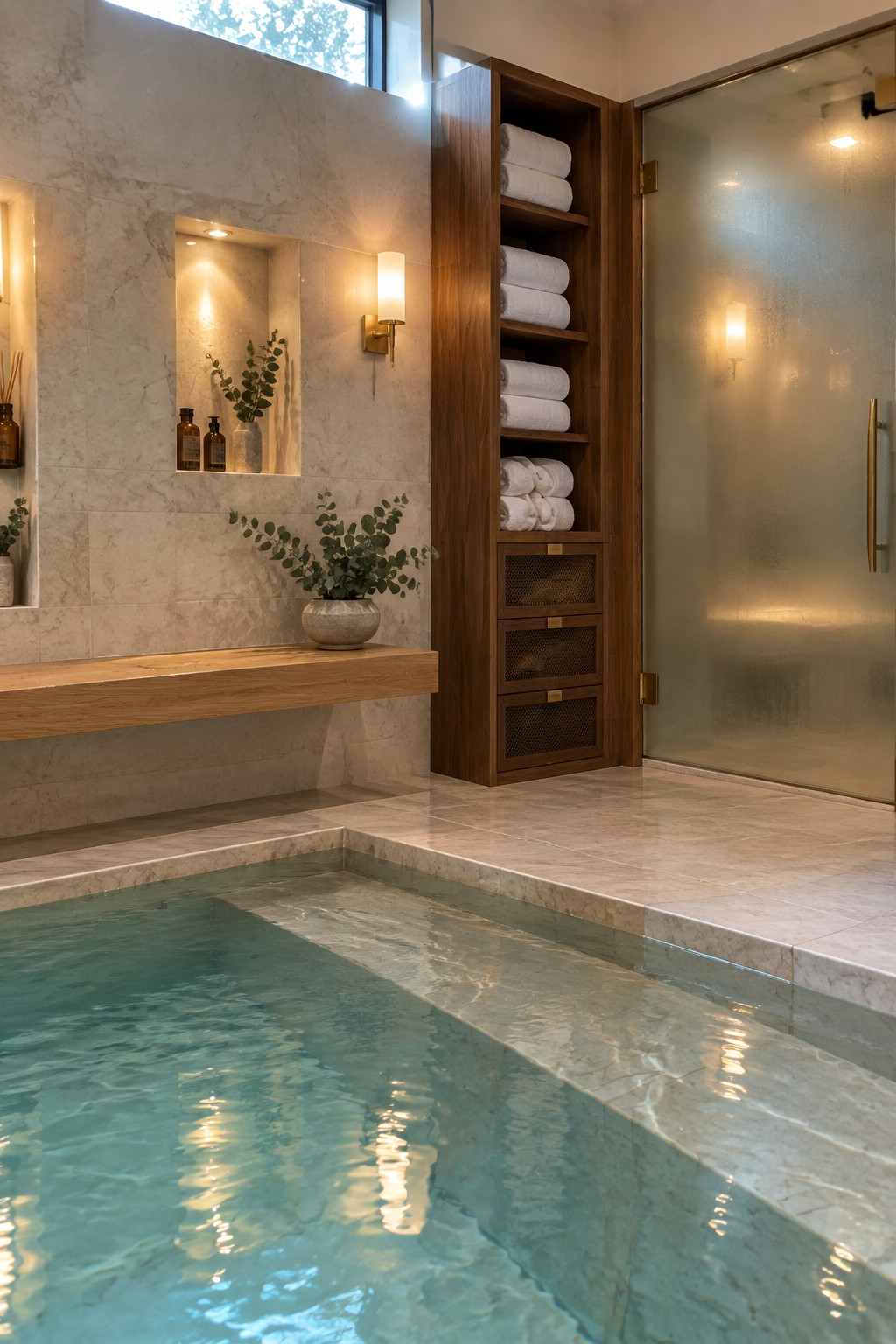 An indoor pool with marble tile surround, a tall wooden built-in cabinet filled with stacked white towels, and a frosted glass door to the right.